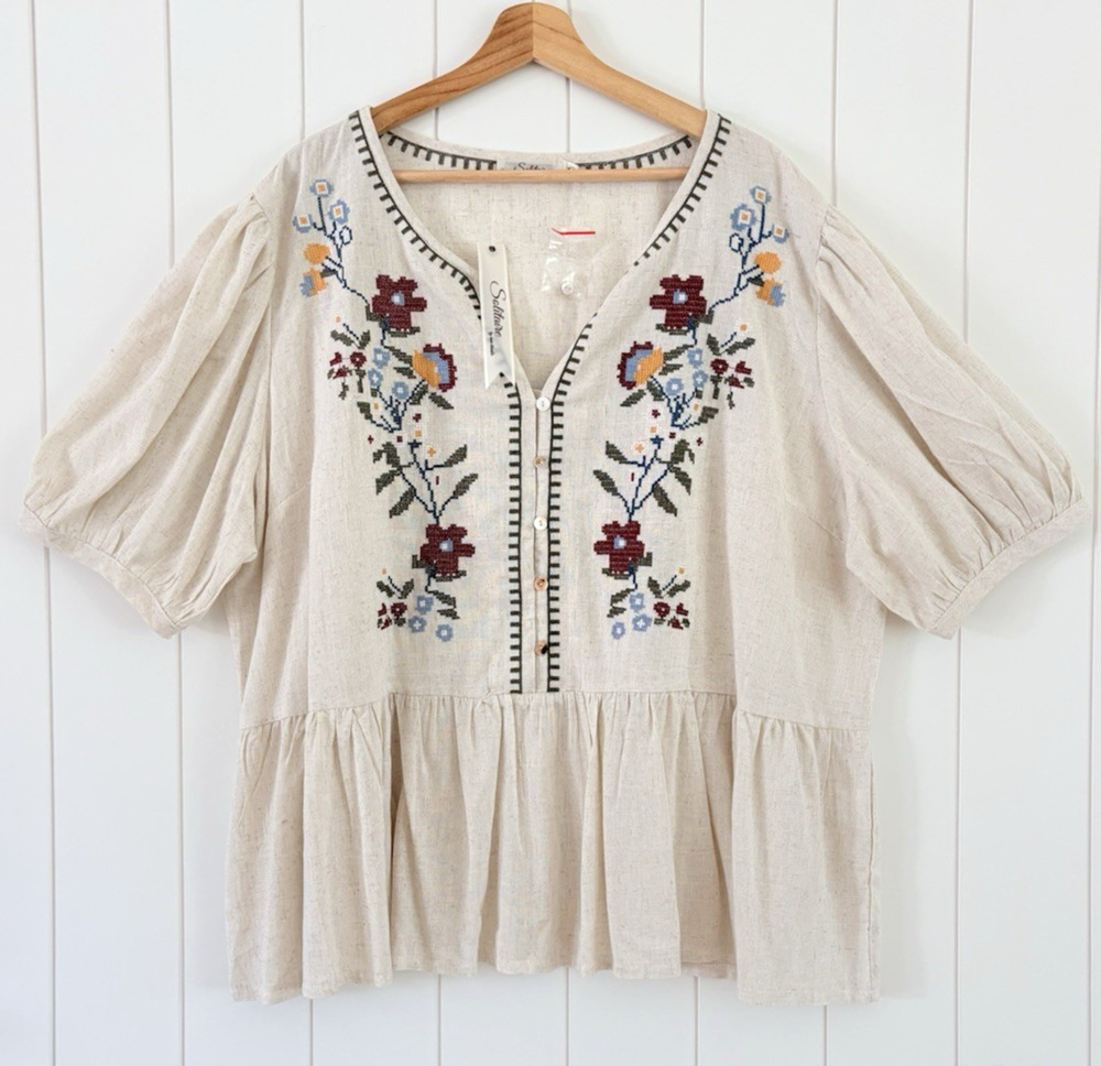 Solitaire Linen Blend Floral Embroidered Popover Peplum Blouse Puff Sleeve 2X